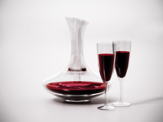 Wine decanter and glasses with red wine. 3D illustration