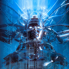 Queen of the data stream / 3D illustration of science fiction female artificial intelligence inside computer code © grandeduc