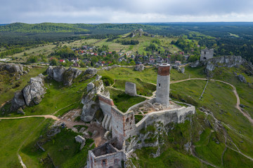 Aerial view of Castle Hill in Olsztyn. Medieval fortress ruins in the Jura region near Czestochowa. Silesian Voivodeship. Poland. Central Europe.