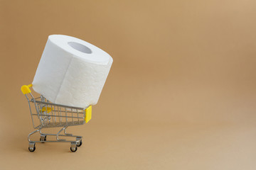 roll of white toilet paper on a brown background and a grocery cart