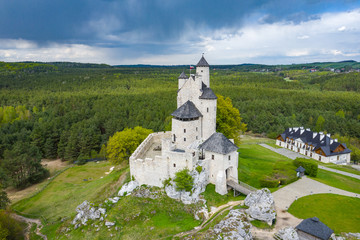 Aerial view of Castle Bobolice, one of the most beautiful fortresses on the Eagles Nests trail. Medieval fortress in the Jura region near Czestochowa. Poland.