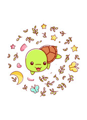 Cute kawaii hand drawn turtle doodles, circle print , isolated on white background