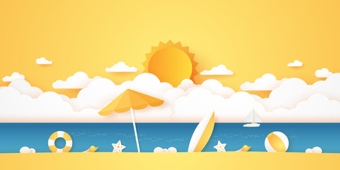 Summer time, sea and beach with stuff, Cloudscape and sun with bright sky, paper art style