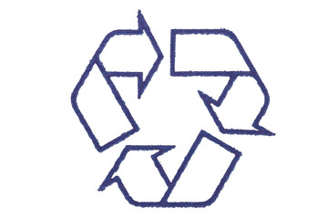 recycling symbol printed in blue ink on an isolated background