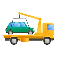 Tow truck with car icon. Cartoon of tow truck with car vector icon for web design isolated on white background