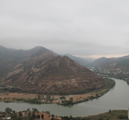 view overview from the city of Vardzia city of Queen Tamara Georgia high mountain and river at the...