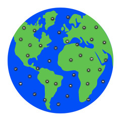 Bacteria, like living organisms, infect planet Earth. They have faces, eyes and mouths. Threat of coronavirus to the entire population of planet Earth. Vector illustration. 