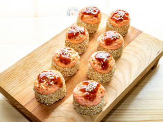 baked rolls with tuna avocado cheese and cucumber