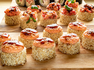 a set of delicious baked rolls beautifully served on wooden boards