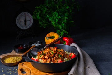 rustic bulgur pans with gratinated gyros and yoghurt