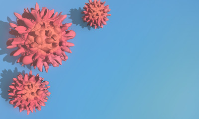 blue background with red coronaviruses on the side of the frame with space for text. 3D render
