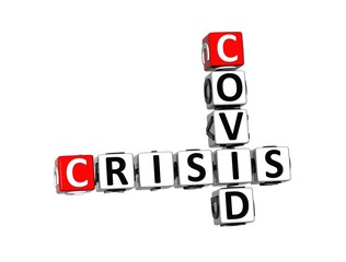 Covid Crisis. Coronavirus COVID-19. 3D red-white crossword puzzle on white background. Corona Virus Creative Words.