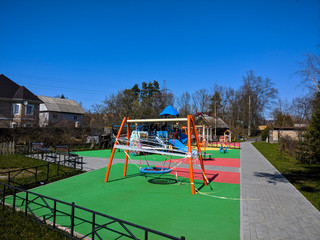 Fototapeta premium Playground closed during coronovirus pandemic. May sunny day in Russia.