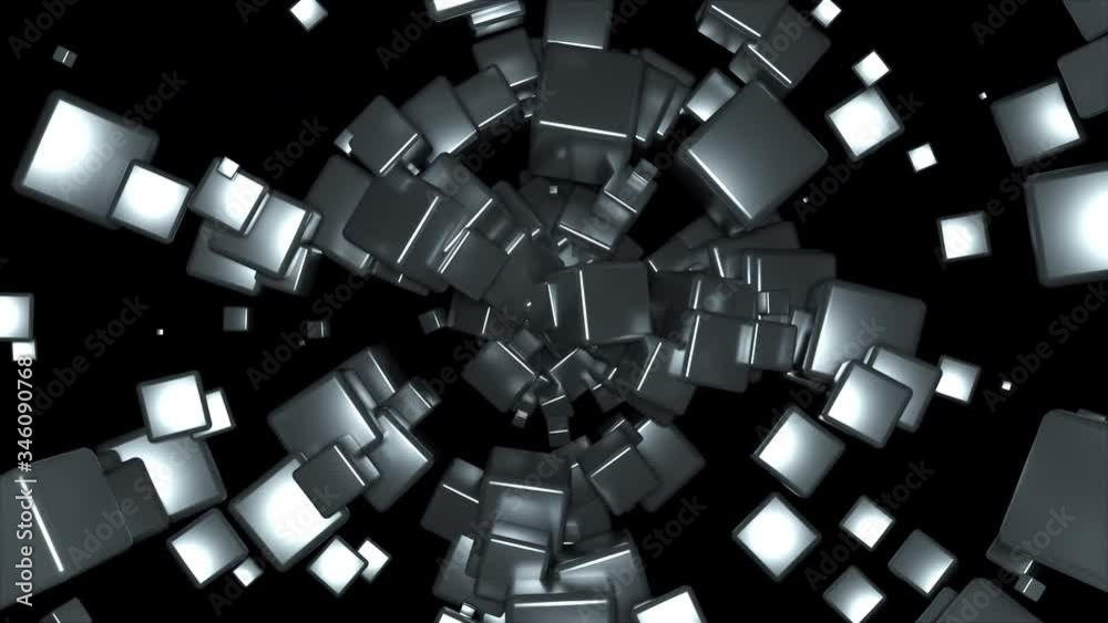 Aufkleber accumulation and radial rotation of many cubes, computer generated. 3d rendering technological backg