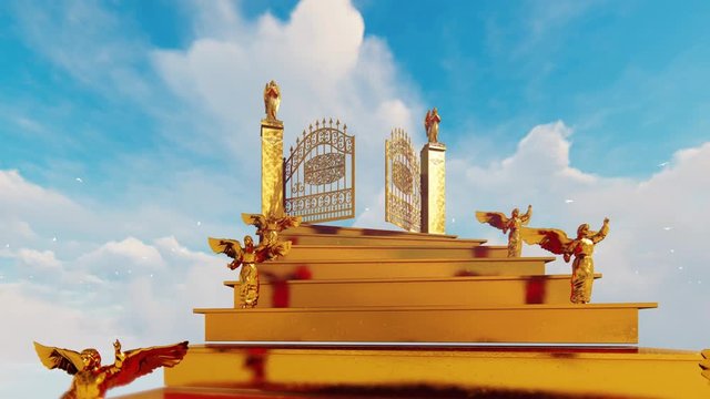 Golden stairway to gates of heaven with flying angels against cloudy sky and white doves