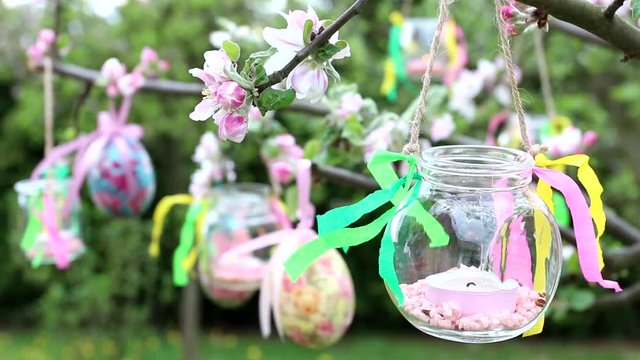 Candle holders made of standard glass jar is hanging on a blooming apple branch in the garden.