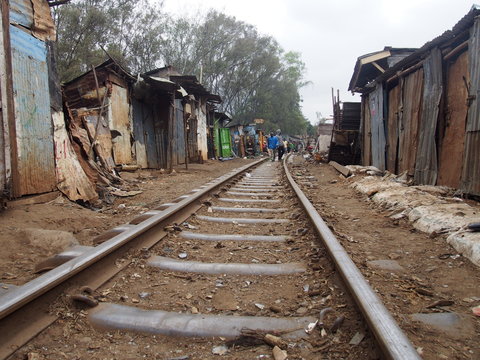 Rails laid in a slum, Kibera slum, Nairobi, Kenya