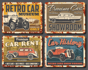 Retro cars and vintage vehicles, vector rusty signs and metal plates. Premium cars rent, classic showroom, retro transport museum exhibition and show parade, garage station posters with rust - obrazy, fototapety, plakaty