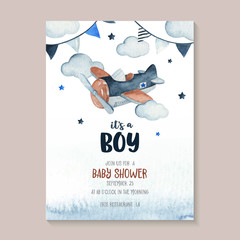 Cute watercolor sky scene illustration complete with airplane, garland, star and cloud. perfect for baby shower invitation card - obrazy, fototapety, plakaty