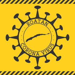 Round badge with shape of virus and Roatan map. Yellow island epidemic lockdown stamp. Vector illustration.