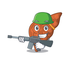 A cartoon picture of human fibrosis liver in Army style with machine gun