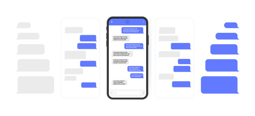 Social media design concept. Smart Phone with carousel style messenger chat screen. Sms template bubbles for compose dialogues. Modern vector illustration flat style © NazArt