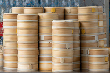 modern bamboo and plastic dim sum basket.