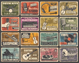 Music instruments shop, live concert and recording studio, vector retro posters. Classic music radio, guitar store, jazz fest saxophone and piano school, singer vocals courses and blues bar - obrazy, fototapety, plakaty