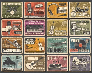  Music instruments shop, live concert and recording studio, vector retro posters. Classic music radio, guitar store, jazz fest saxophone and piano school, singer vocals courses and blues bar © Vector Tradition