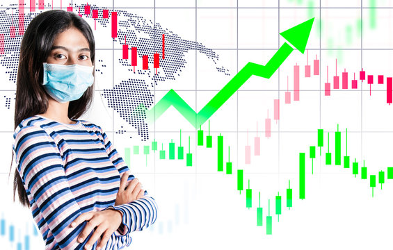 woman wearing a business graph, Financial data on a monitor.