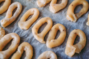 Hand-made taralli salty snack, typical from Puglia, Italy