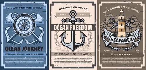 Nautical and marine vintage posters with anchor and ocean waves, frigate boat with sails, lighthouse and chains, seafaring navigation compass with wind rose. Marine travel and adventure vector © Vector Tradition