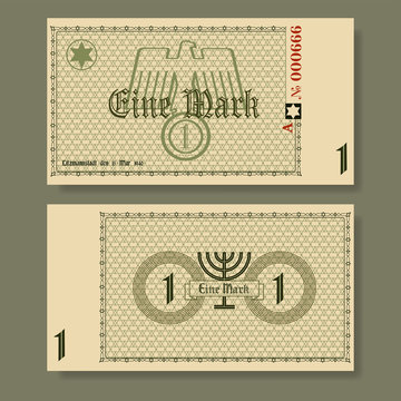 Ghetto stylistic banknote. On German, one mark of the city of Lodz March 15, 1940