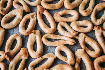 Hand-made taralli salty snack, typical from Puglia, Italy