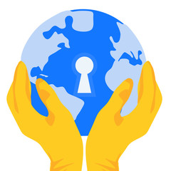 The whole world is under lock and key. Concept of a hand in protective gloves holding a globe on a white background.