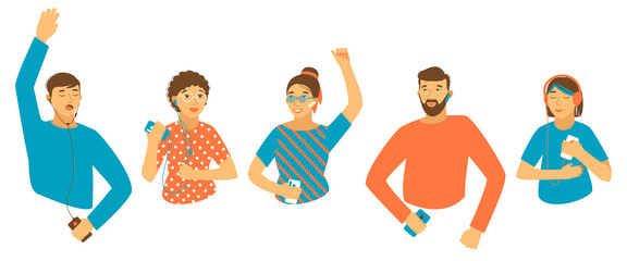 Set of different people dancing to the music a book or lectures from the phone. Men and women with phones on a white background. Flat vector illustration.