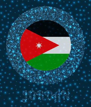 Round Jordan badge. Flag of Jordan in glowing network mesh style. Country network logo. Appealing vector illustration.