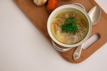 mushroom soup on the wooden board