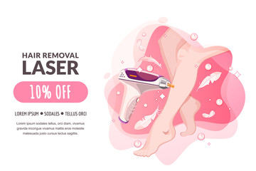 Laser hair removal, female body care procedures. Vector flat cartoon illustration. Women legs and laser epilation medical equipment on pink background. Beauty salon banner, poster, coupon design