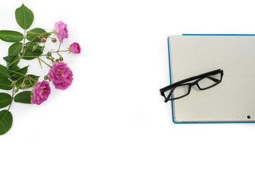 Pink flowers and eyeglasses with laptop computer isolated on white background