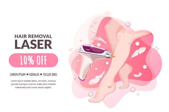 Laser hair removal, female body care procedures. Vector flat cartoon illustration. Women legs and laser epilation medical equipment on pink background. Beauty salon banner, poster, coupon design - Powered by Adobe