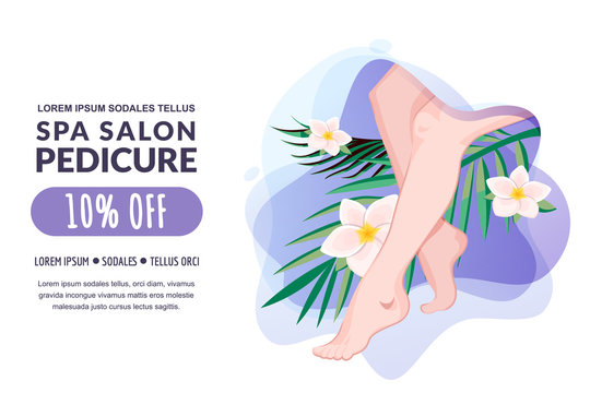 Spa pedicure, feet massage, female body care. Vector flat cartoon illustration. Women legs, palm tropical leave, plumeria flowers on water splash background. Beauty salon banner, poster, coupon design