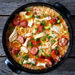 Juicy southern chicken bog in a black dish