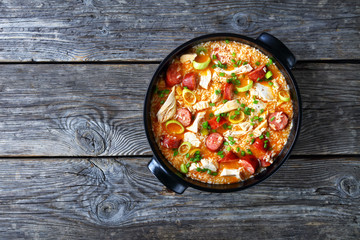 One-pot chicken bog dish of chicken, rice, sausage