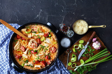 Southern pilaf-style chicken bog dish, flat lay