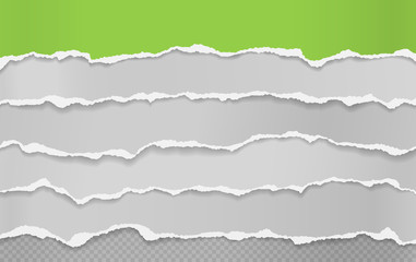 Fototapeta premium Torn, ripped pieces of horizontal green and white paper with soft shadow are on squared background for text. Vector illustration