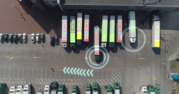 Logistics center near the highway, the electric trucks parking process, artificial intelligence tracks trucks, motion graphics, view from height, a large number of electric trucks in the parking lot