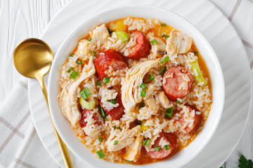 Chicken bog stew with smoked sausage, top view