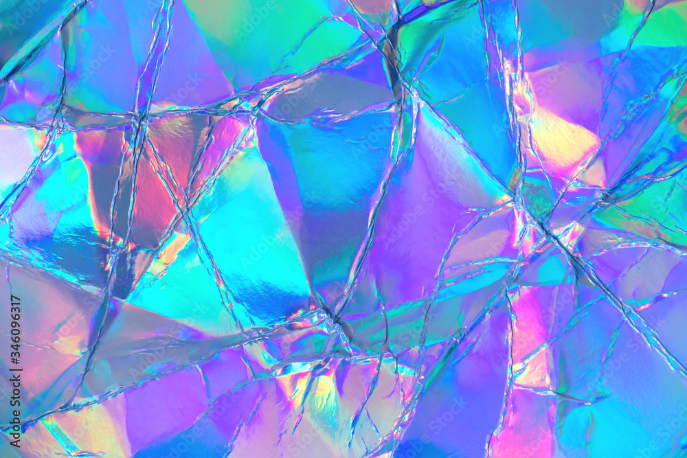 Poster blurred abstract modern pastel colored holographic background in 80s style. crumpled iridescent foil