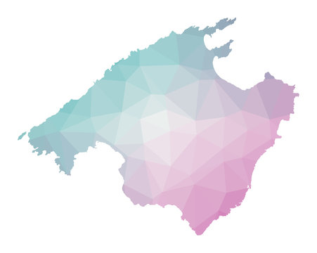 Polygonal map of Majorca. Geometric illustration of the island in emerald amethyst colors. Majorca map in low poly style. Technology, internet, network concept. Vector illustration.